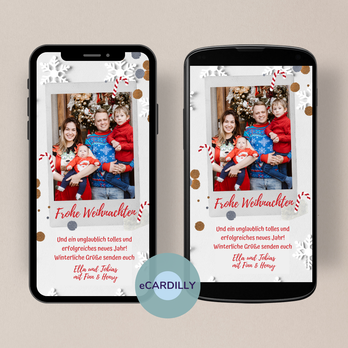 Modere WhatsApp Weihnachtsgrüsse mit weihnachtlichen Motiven und Foto zum editieren.