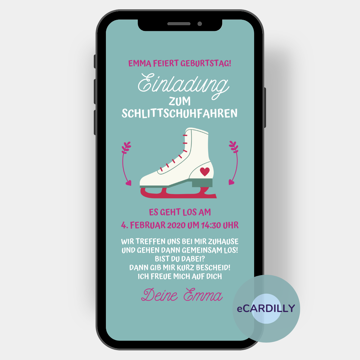Einladung zum Schlittschuhfahrne mit einem weißen Schlittschuh auf türkisfarbenem Hintergrund