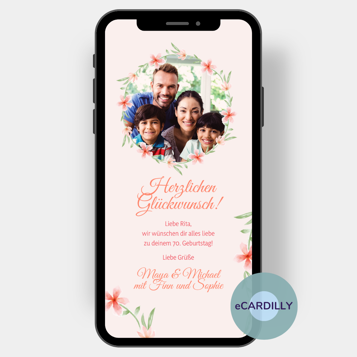 Tolle Glückwunschkarte zum Geburtstag mit Foto und persönlichem Text. Die Karte ist rosa und hat Blumenranken um das Foto.