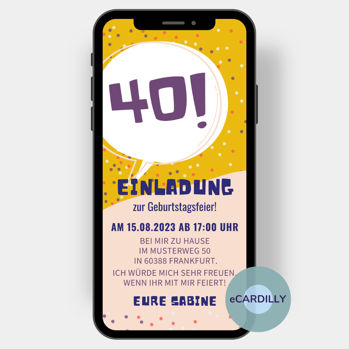 In einer großen Sprechblase steht das Alter, das Du bald feiern wirst! Einladungskarte für Deinen runden Geburtstag - egal ob Du 40, 50 oder 60 Jahre alt wirst