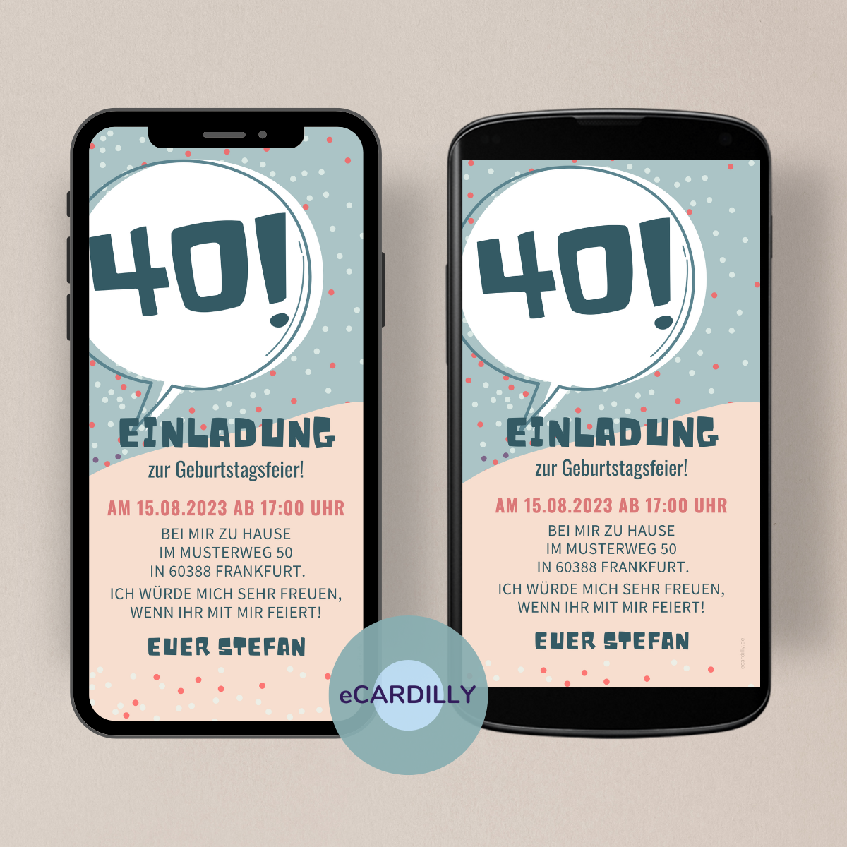 Einladungskarte zum 40. Geburstag, digitale eCard oder Vorlage in einem zarten Grün und Rose zum selbst erstellen. Buntes Konfetti umrahmt die ecard.