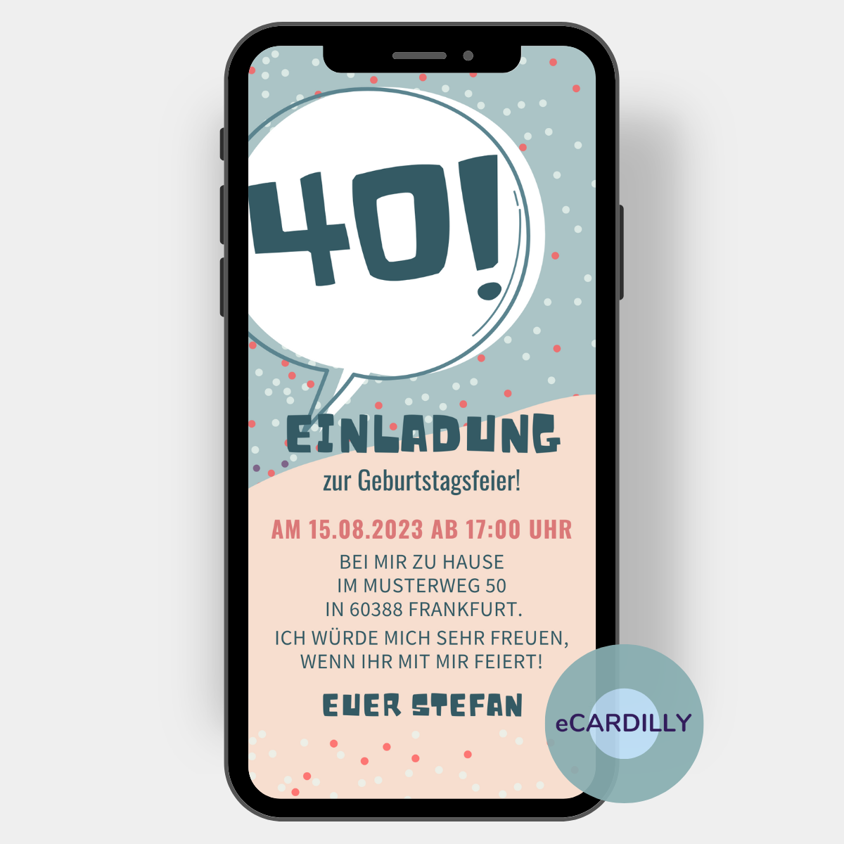 Tolle WhatsApp Einladung als eCard zum 40. Geburtstag. Eine große Zahl lädt alle Gäste in grün rosa und Konfettipunkten zur Party ein.