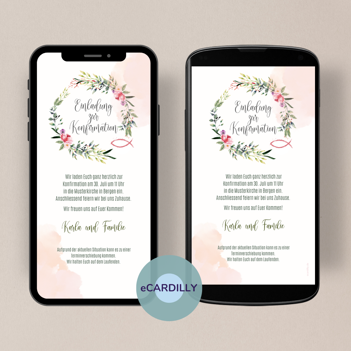 Moderne forale digitale Einladung als eCard zur Konfirmation Kommunion Firmung