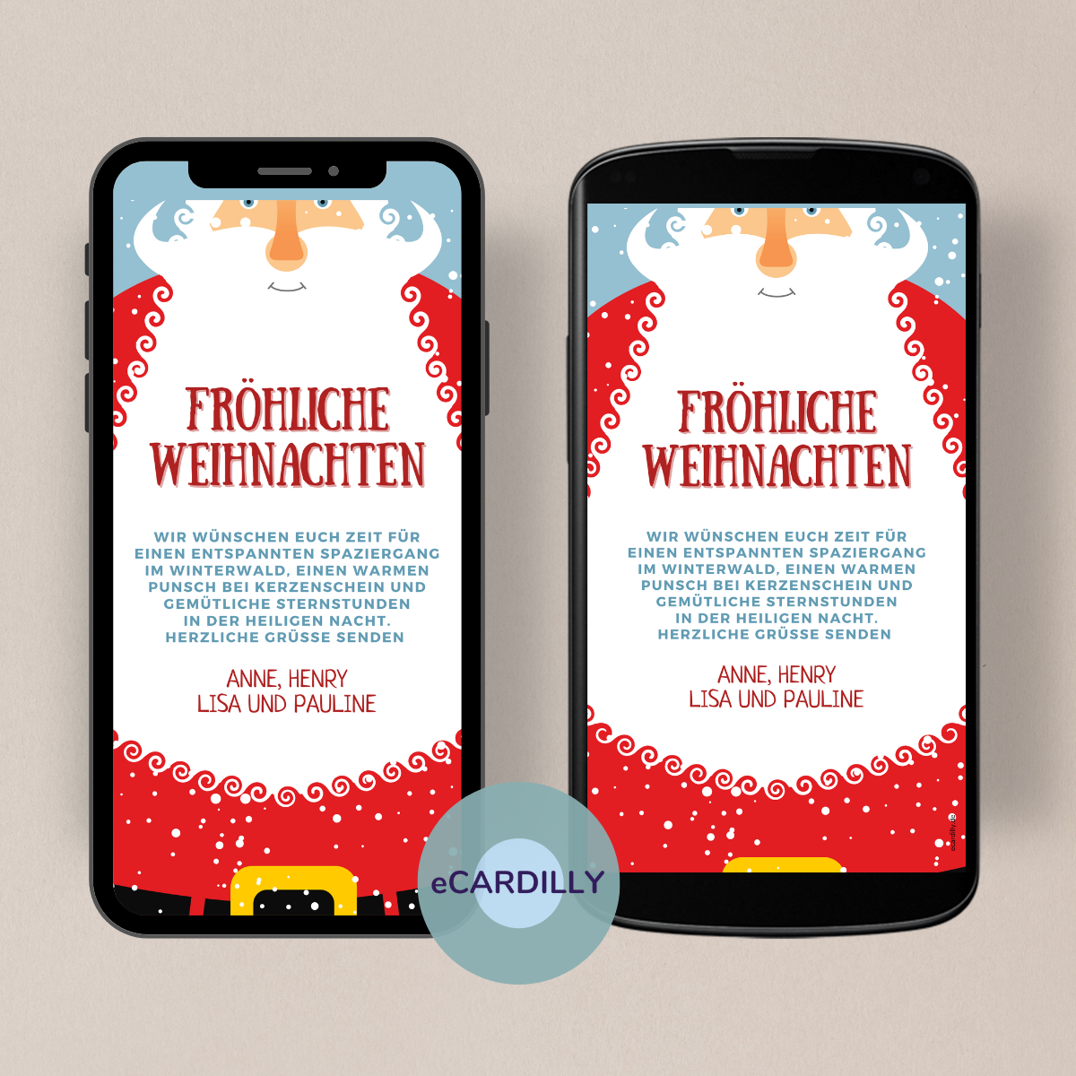 Karte zur Weihnachtszeit mit Weihnachtsmann der einen tollen Weihnachtsspruch oder Grüße auf dem weißen langen Bart tragen kann.