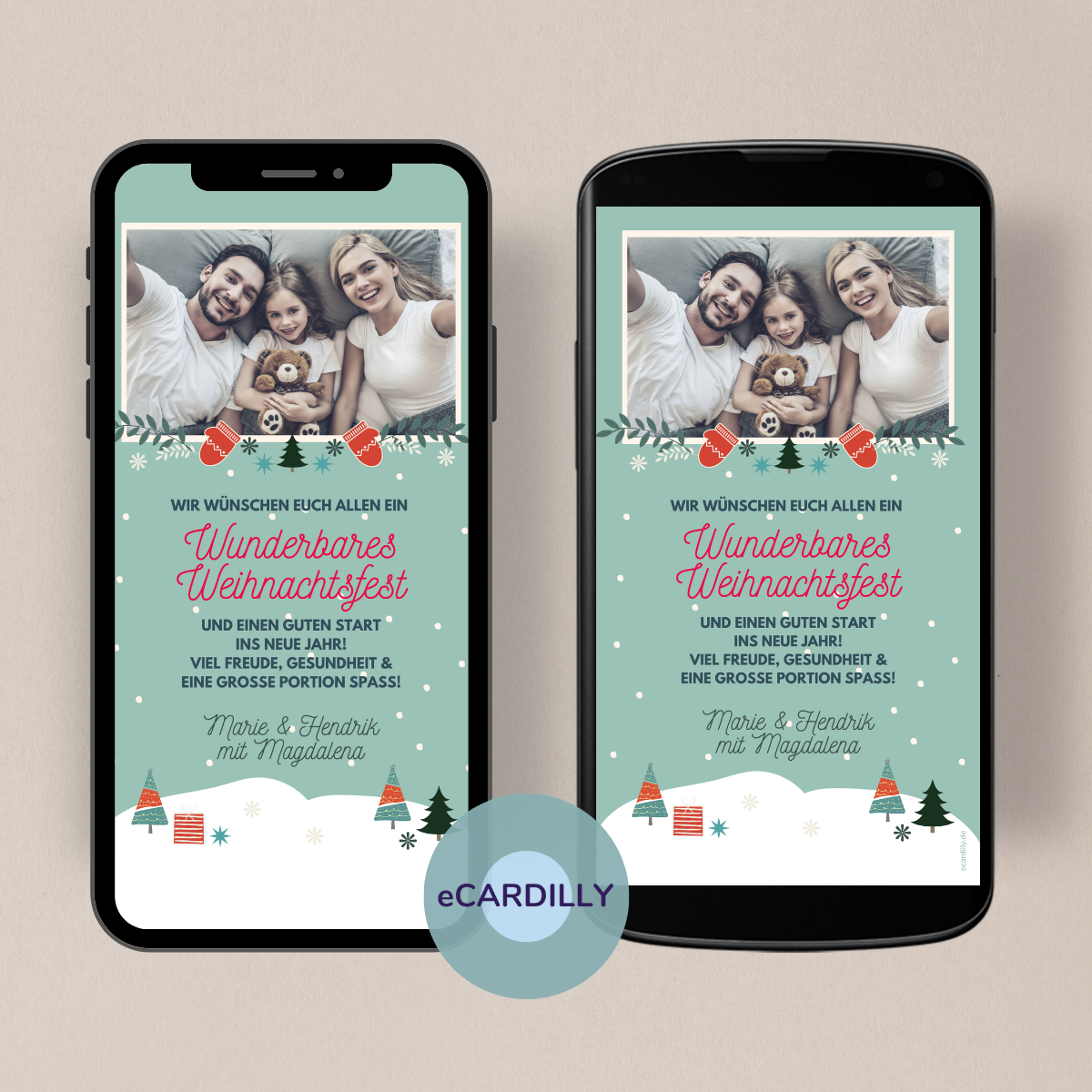 Weihnachtskarte für Privat oder Business die du günstige und ganz einfach über dein Handy versenden kannst. Weihnachtspost mit kleinen Schneeflocken und dem herzlichen Wunsch auf ein wunderbares Weihnachtfest.