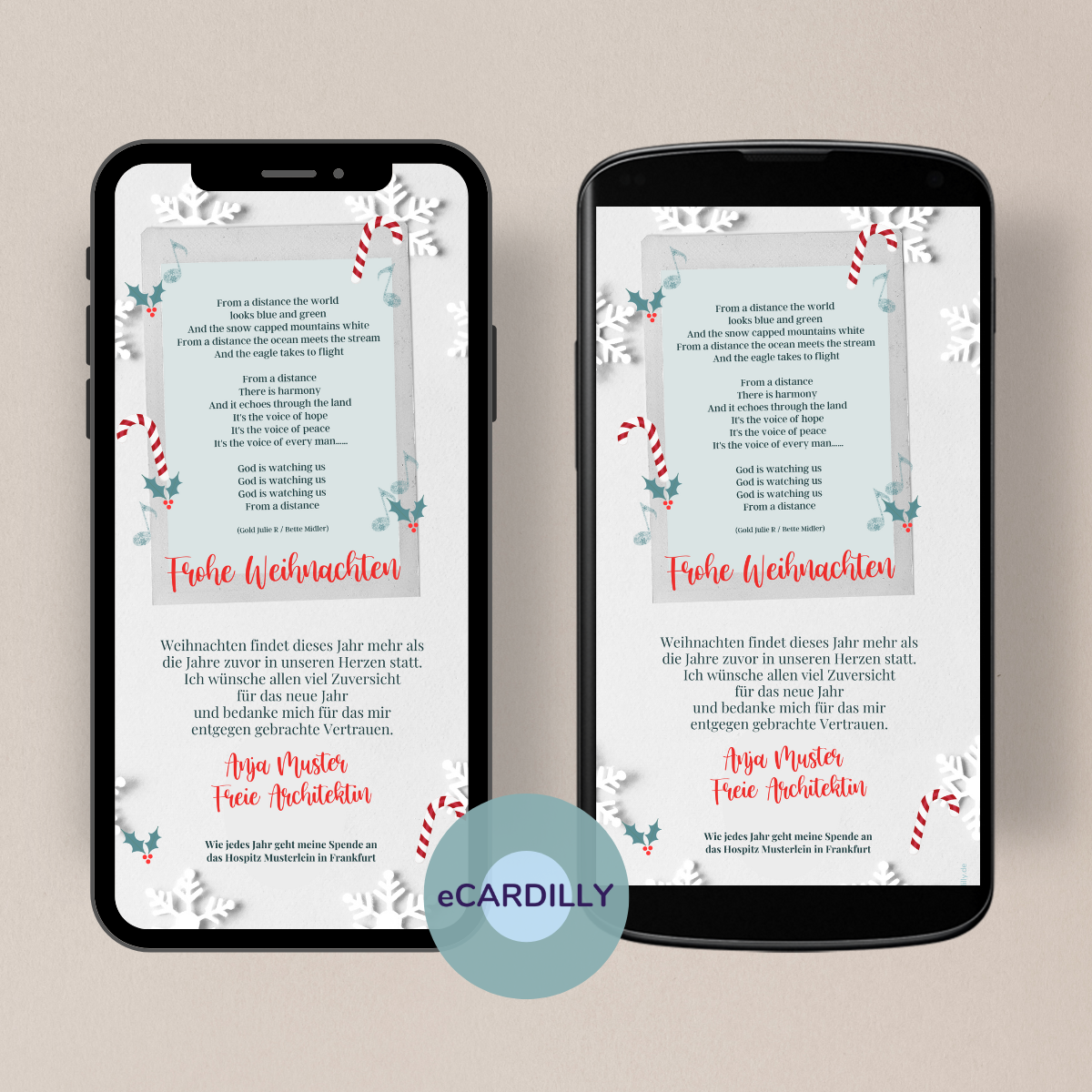 Weihnachtskarte für Kunden Business mit Weihnachtsgrüßen in rot und Schneeflocken, Zuckerstangen, und einem weihnachtlichen Liedtext.