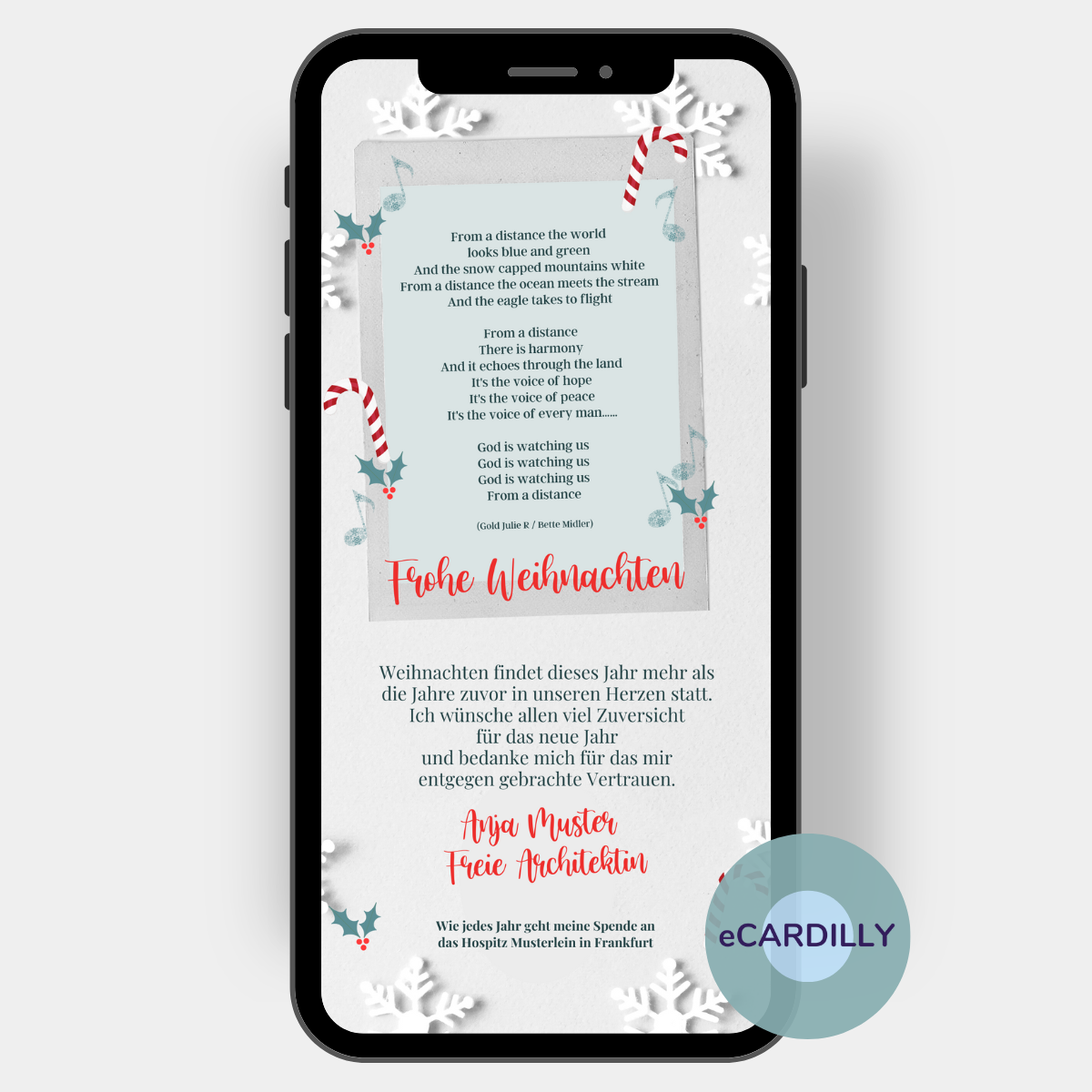 Weihnachtsgrüße mit dem Songtext "From a distance (Gold Julie R/Bette Middler). Gerahmt ist das Weihnachtsgedicht mit Zuckerstangen, Ilexblättern und Musiknoten. Ergänzt wird die digitale Weihnachtskarte mit einem pesönlichen Weihnachtstext und deinem Namen.