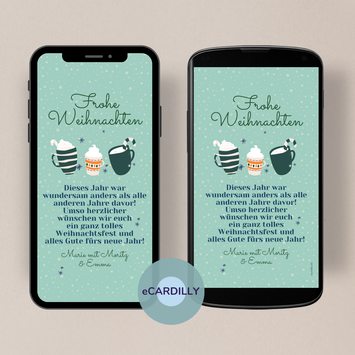 Schöne Weihnachtsgrußkarten mit Tassen gefüllt mit Kakao und blauen Sternen. Die ganze digitale eCard ist in Blautönen gestaltet