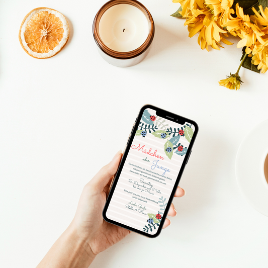 Einladung zur Gender Reveal Party - Junge oder Mädchen - Rote und blaue Marienkäfer als Symbol - Tolle Einladungskarte