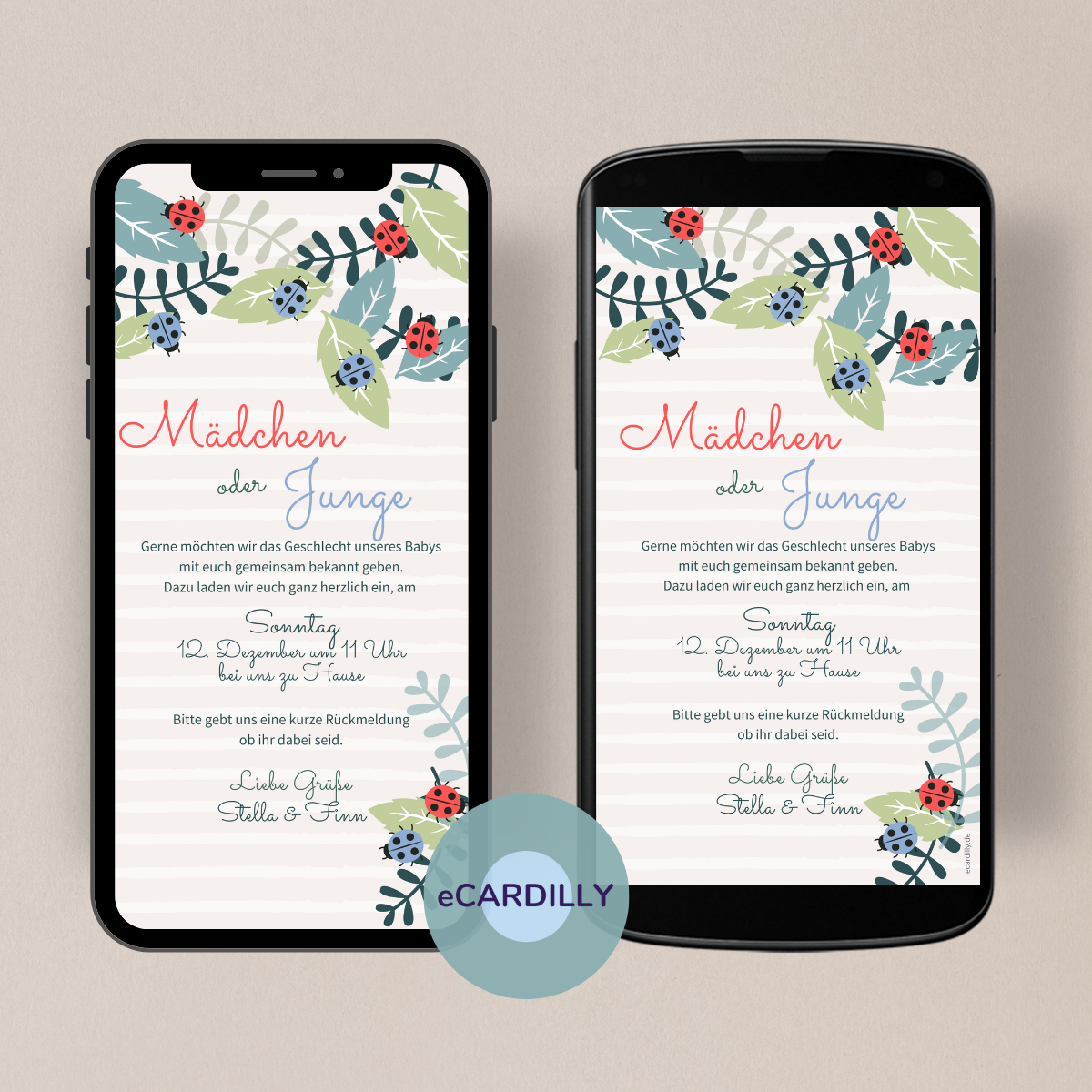 eCard zur Gender Reveal Party - Boy or Girl - Tolle Karte mit blauen und roten Marienkäfern - Blätter -