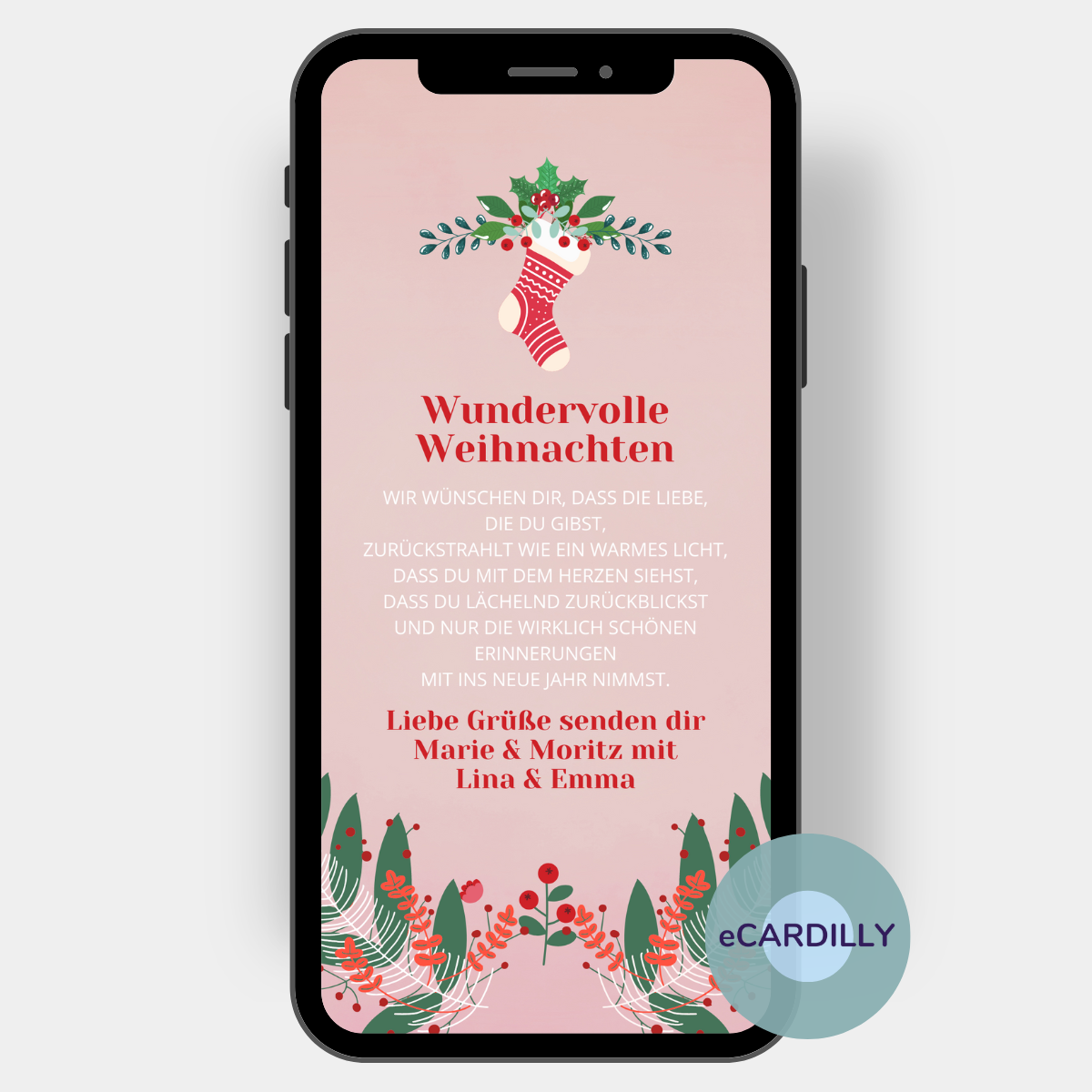 Ein großer rot-weiß gemusterter Weihnachtsstrumpf hängt an einem Mistelzwei über Deinen Weihnachts- und Neujahrsgrüßen auf dieser eCard. Alle Namen Deiner Familie stehen ganz persönlich auf dieser Weihnachtsgrußkarte