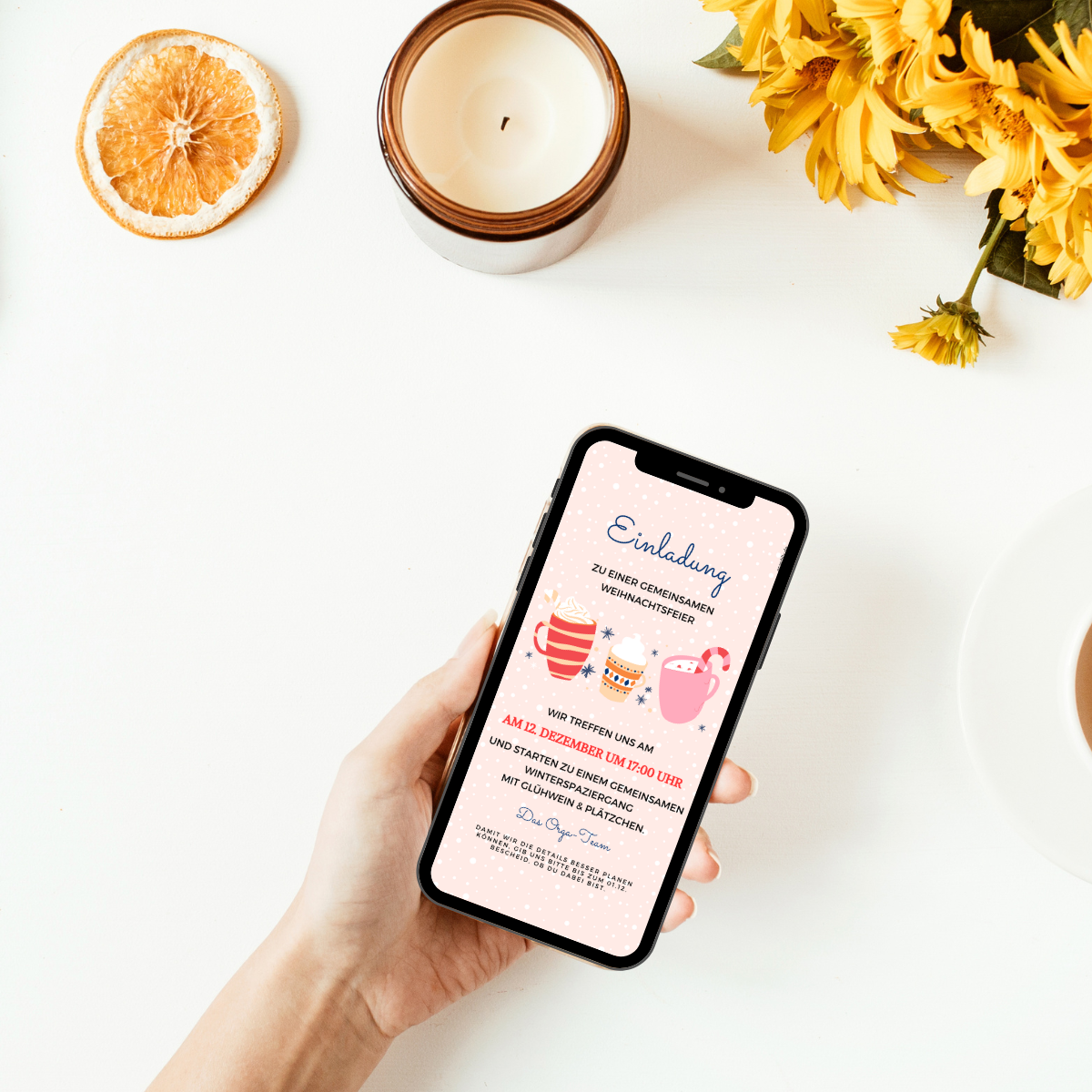 Digitale Weihnachtskarte als Vorlage WhatsApp in rosa und Schneeflocken und einer Einladung zur Weihnachtsfeier