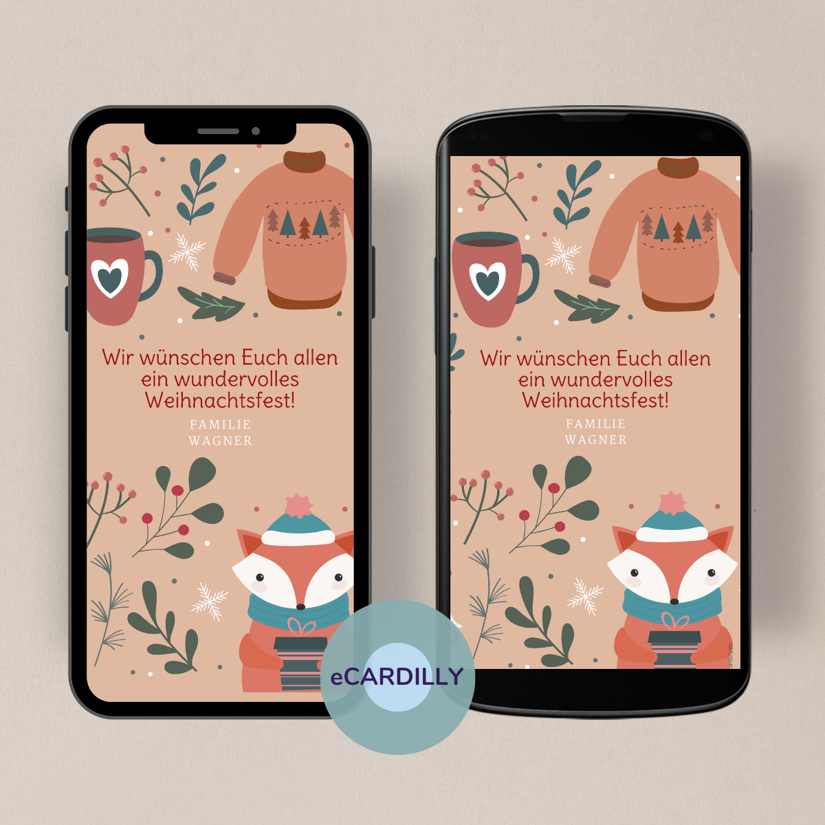Weihnachtsgrüße digital als eCard mit einem Weihnachtsgruß und kleinen Motiven wie Zweige, Pullover, Tasse und kleinem Fuchs mit Schal.