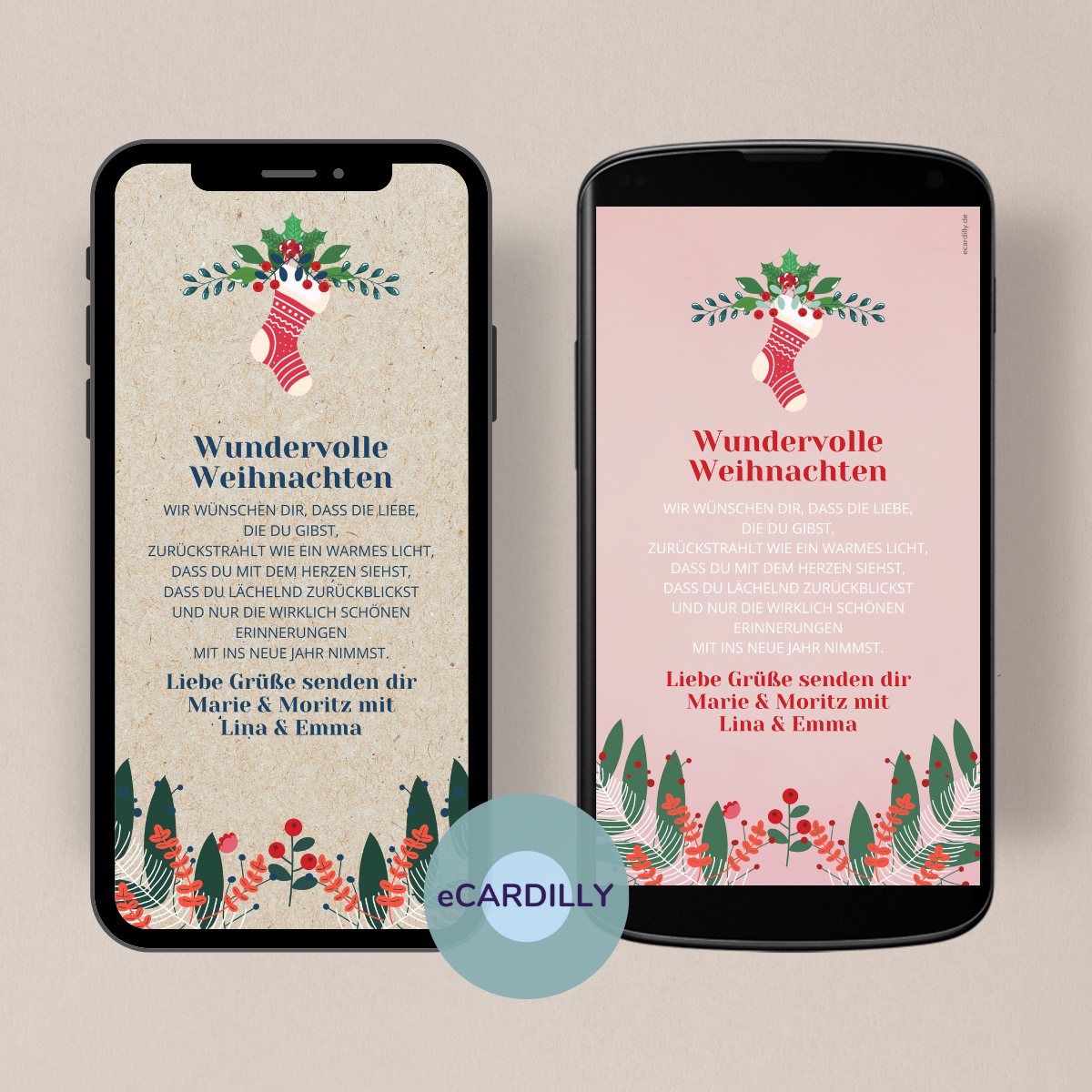 Vorlage für WhatsApp Weihnachtskarte in rosa und Kraftpapier
