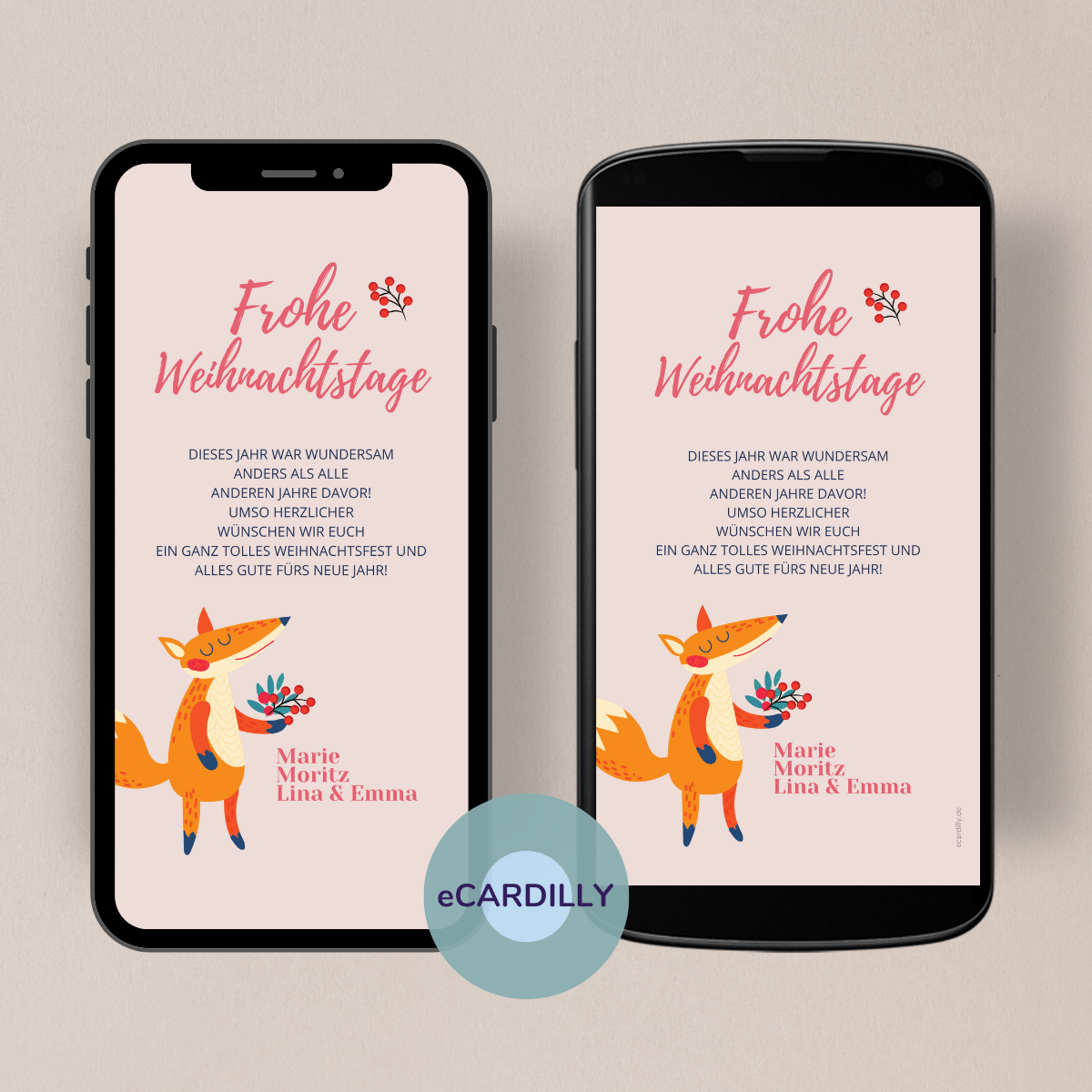 Weihnachtsgrußkarten digital verschicken. Auf der eCard ist ein Fuchs mit einem Mistelzweig und alles in rosa und ocker Farben.