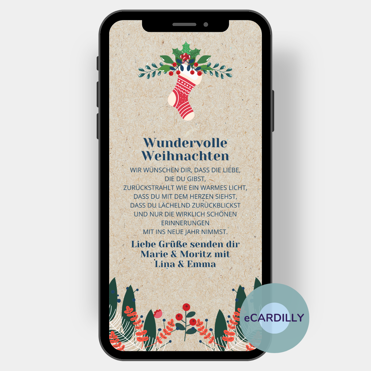 Digitale Weihnachtskarte mit weihnachtlichen Motiven mit Zweigen und einer Socke in rotweiss.