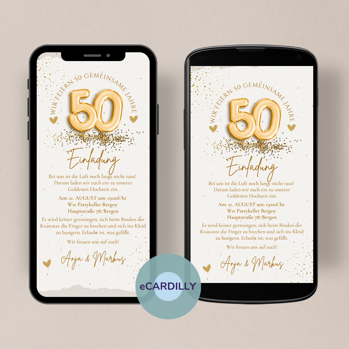 eCard Vorlage zur Goldenen Hochzeit mit Konfetti, Herz und 50er Zahl in gold.