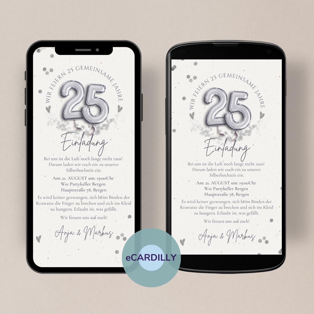 eCard silber Silberhochzeit 25 Jahre Herzen Konfetti moderne digitale Einladungskarte als eCard.