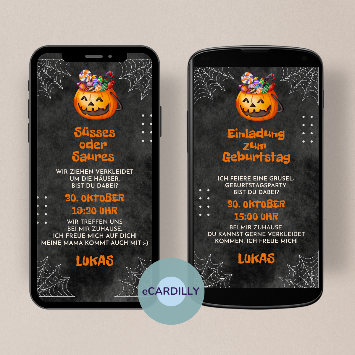 Digitale Einladungskarten als eCard mit einem Kürbis in orange und Süßigkeiten - Spinnweben und Gruselschrift.