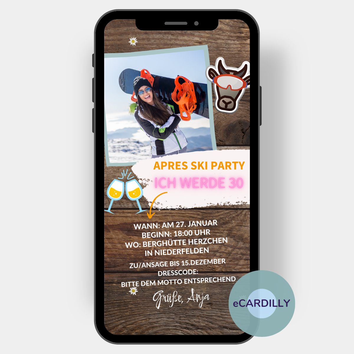 Einladung zur Après-Ski-Party mit persönlichem Foto von Dir. Im Hitergrund rustikales Holz-Design, dazu Gläser und eine Kuh mit Skibrille