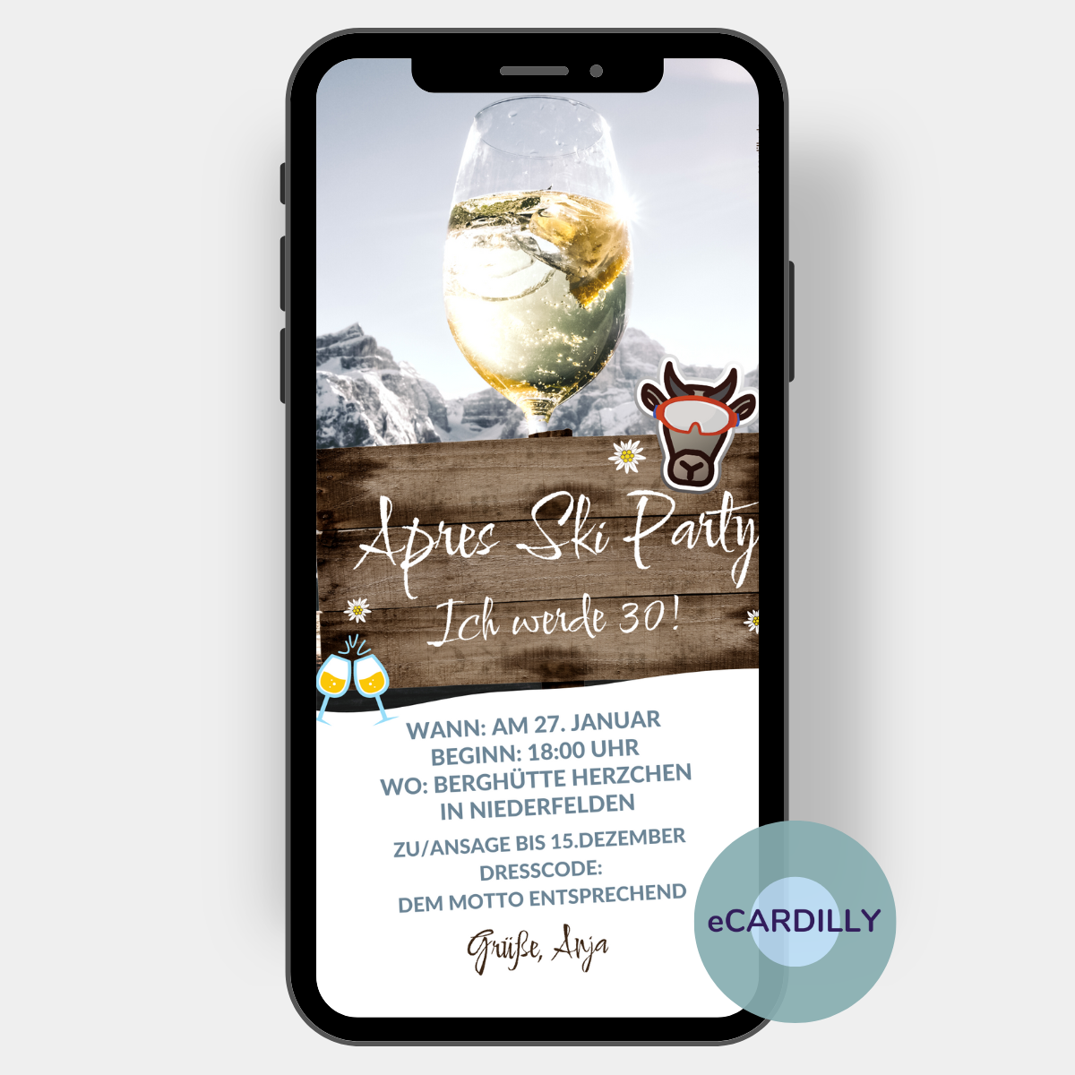 Berge im Hintergrund, dazu ein cooler Drink und eine Kh mit Skibrille auf den Augen: Das ist meine Einladungskarten-Idee für deine nächste Party mit dem Motto Aprés-Ski