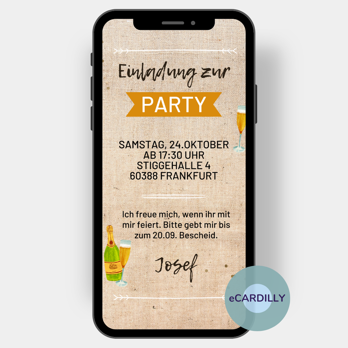 Einladung mit einem Hintergrund aus Leinen und Sektgläsern laden zur Party ein