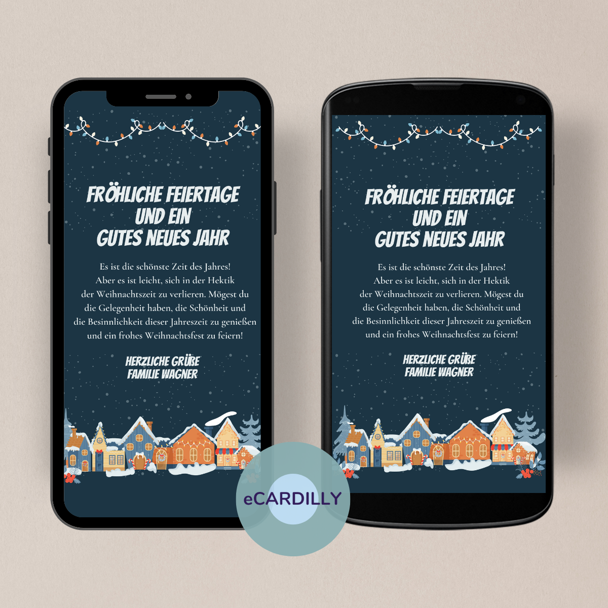 Digitale Weihnachtskarte mit bunten Girlanden und verschneitem Weihnachtsdorf.