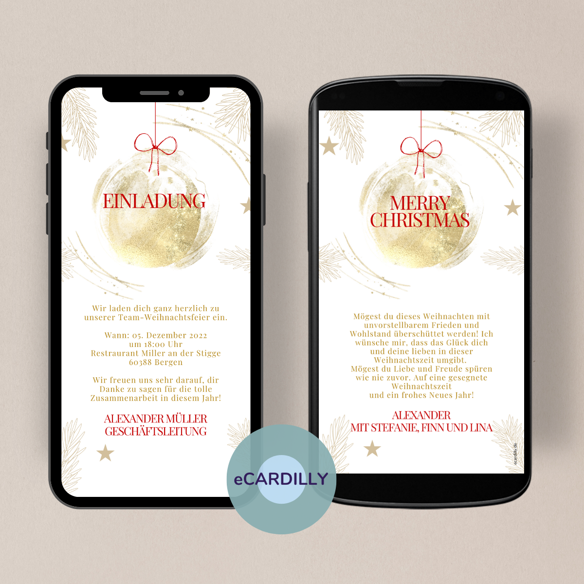 Digitale Vorlage für deine Weihnachtskarte als eCard in gold und glitter