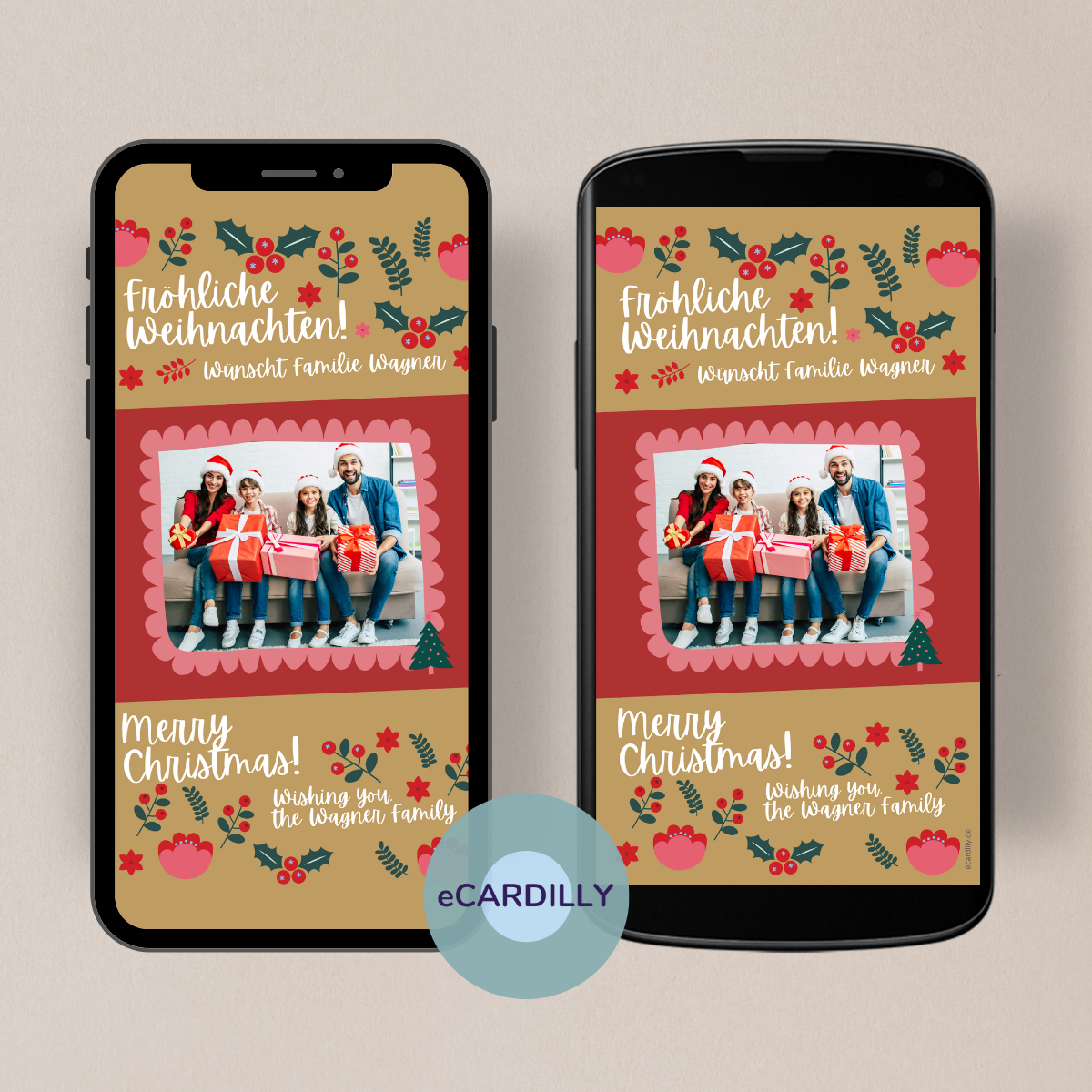 Papierlose eCard als Weihnachtskarte mit modernen weihnachtlichen Elementen und Foto.