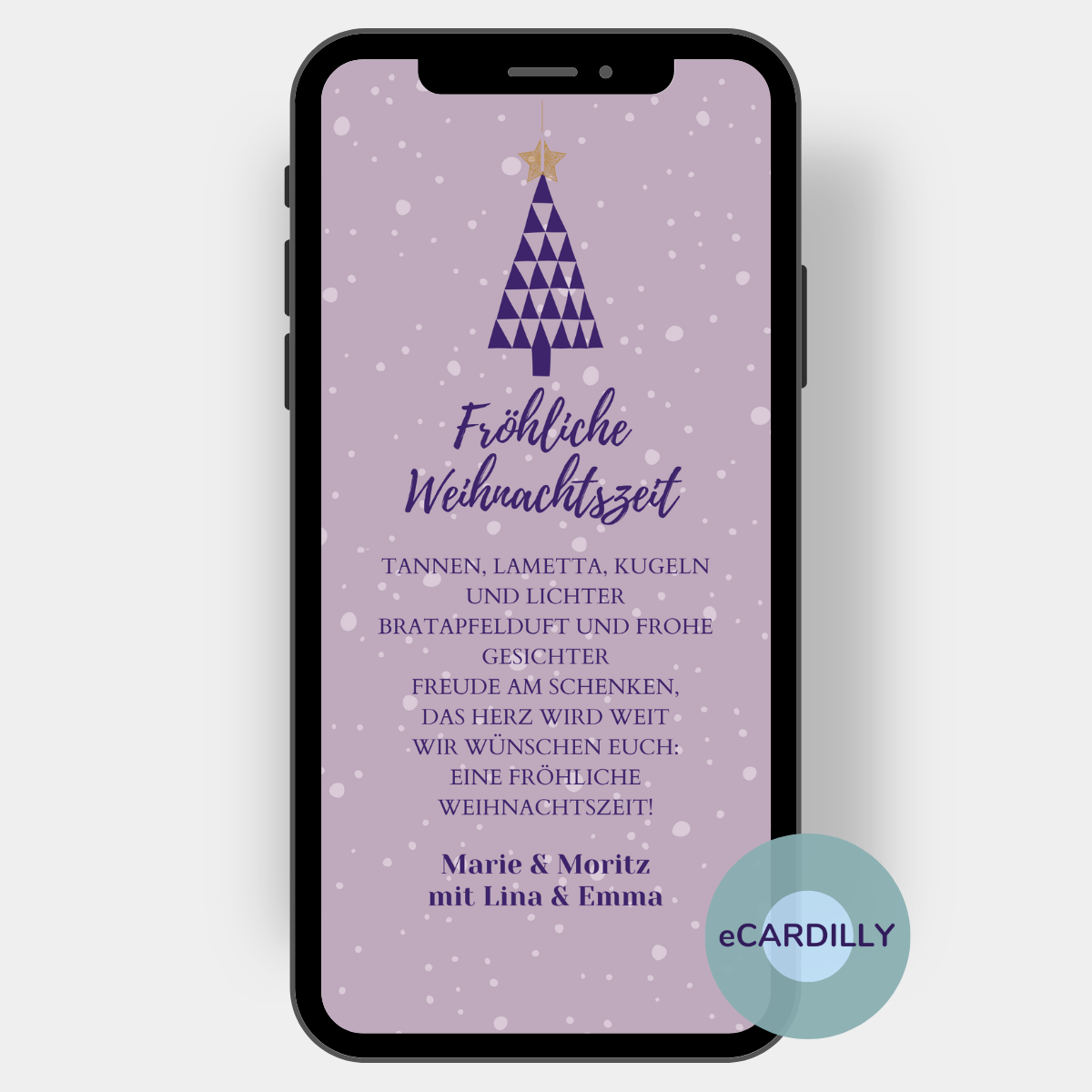 Auf dieser Weihnachtskarte ist ein roter Tannenbaum aus vielen kleinen Dreiecken abgebildet, auf dem zartlila Hintergrund schneien weiße Schneeflocken über Deine Weihnachtsgrüße. Darunter stehen alle Namen Deiner Familie - diese Karte kannst Du zu Weihnachten digital verschicken.
