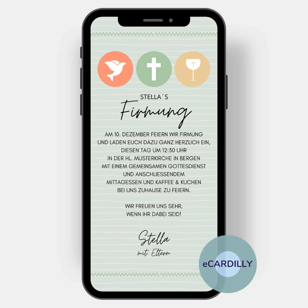 Eine Taube, ein Kreuz und ein Kelch symbolisieren das Kirchenfest, zu dem Du mit dieser eCard Deine Gäste einlädst. Die Einladung ist in Pastelltönen gestaltet, in großen Buchstaben steht der Anlass über dem Einladungstext. eCard als EInladung für Taufe, Kommunion, Firmung oder Konfirmation.
