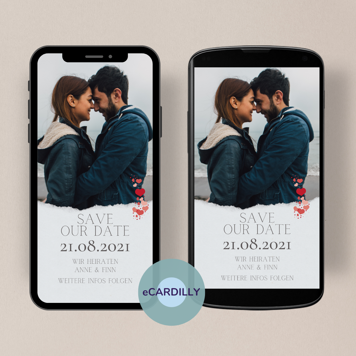 Tolle papierlose Save the Date Einladungskarte mit Foto um den Hochzeitstermin bekannt zu machen.