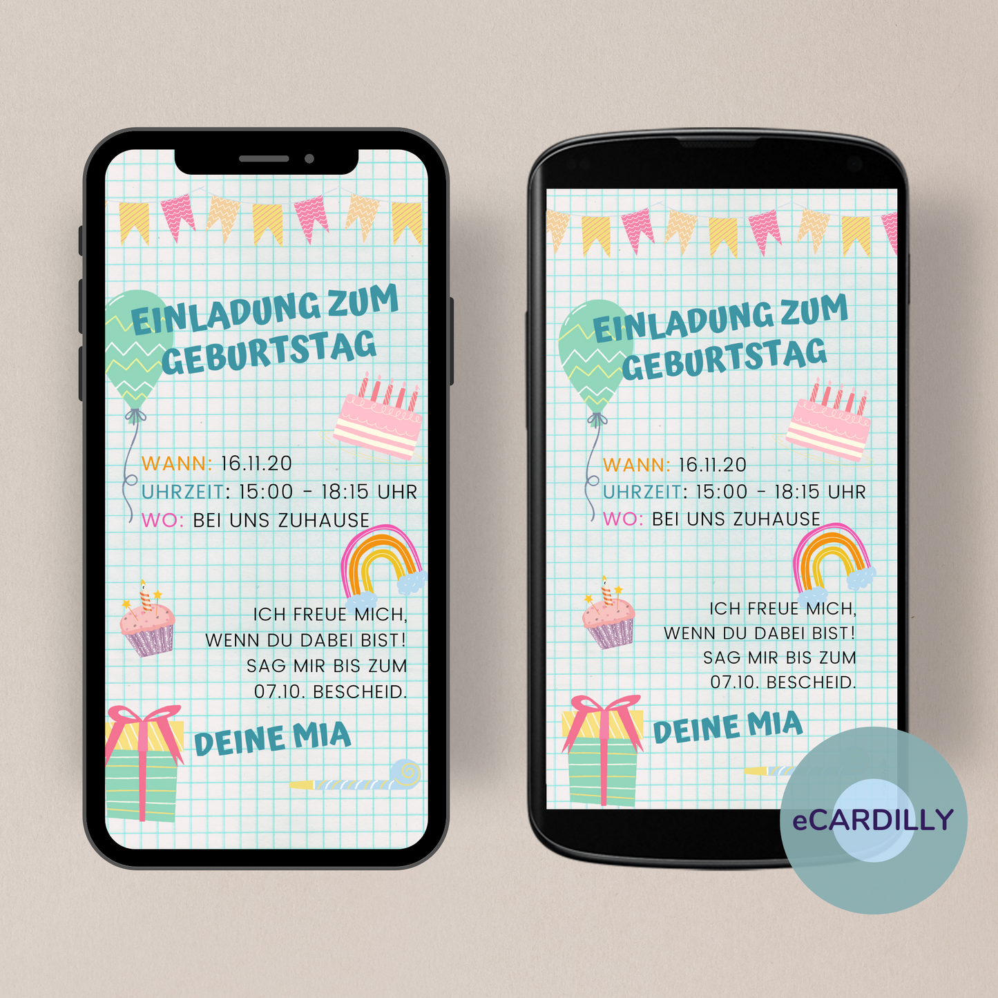 eCard zum Kindergeburtstag - Party in Pastell - Wimpelkette - Regenbogen - Mädchenparty