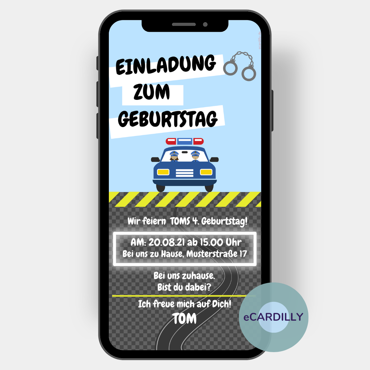 Einladungskarte für Polizei-Kindergeburtstag: Als zentrales Motiv fährt ein Streifenwagen mit Polizist*innen über dem Einladungstext.