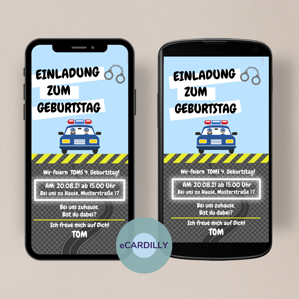 Tolle digitale eCard zum Kindergeburtstag - Polizeiparty - Streifenwagen - Handschellen - Party