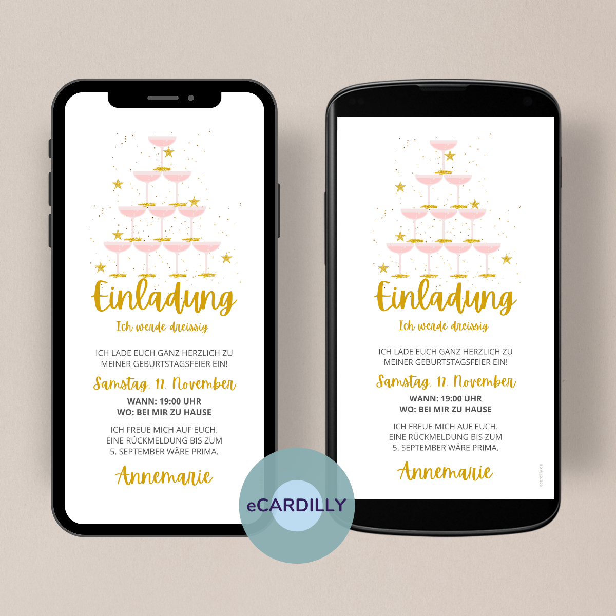 Tolle Einladung als Vorlage mit Kalligrafie Schrift in gold rose glitzer glanz