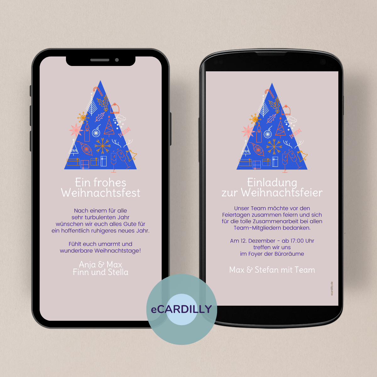 Digitale Weihnachtskarte mit modernem Tannenbaum in blau mit weihnachtlichen Motiven auf rosa Hintergrund.