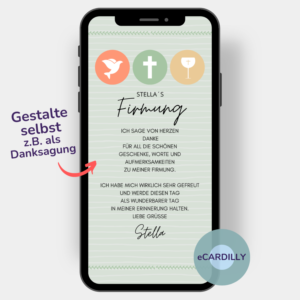 Tolle digitale Einladungskarte als WhatsApp Vorlage zur Firmung Taufe Konfirmation in grün mit Kelch, Kreuz und Taube.