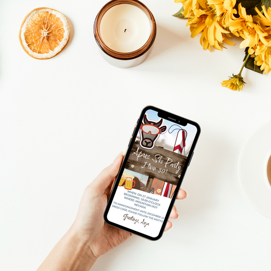 eCard with wooden sign, cow, skis, snow and beer mugs. Rustic Digital Whatsapp Template