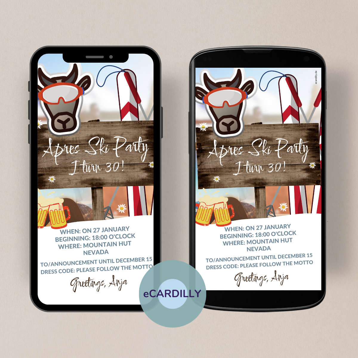 Whatsapp template as ecard with rustic background and cow, snow, mountains, ski