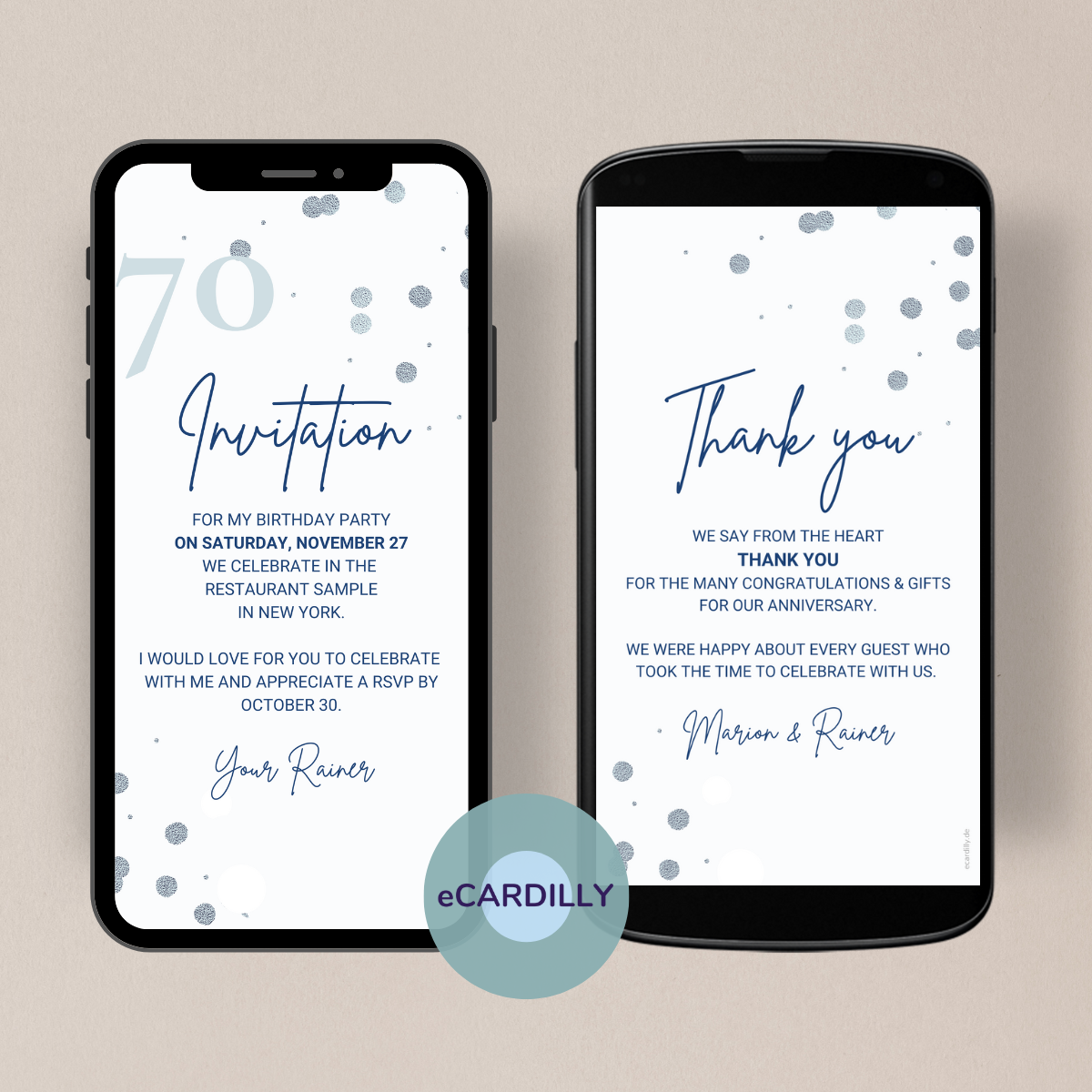 Digital invitation greeting card or thank you note in blue tones and confetti dots.