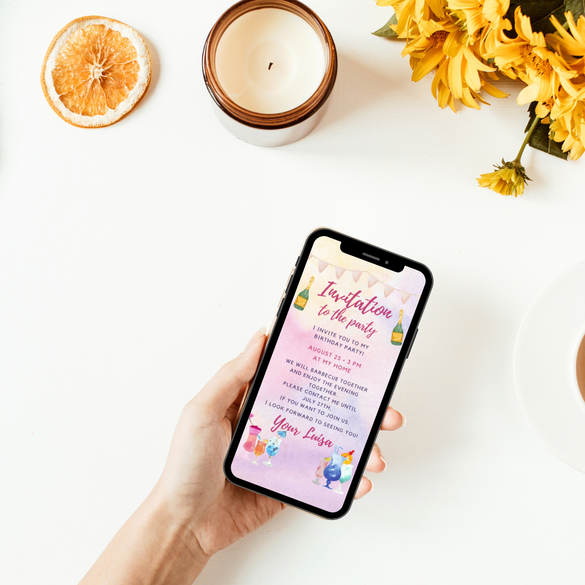 digital invitation card - birthday party with cocktails - simple and easy - paperless