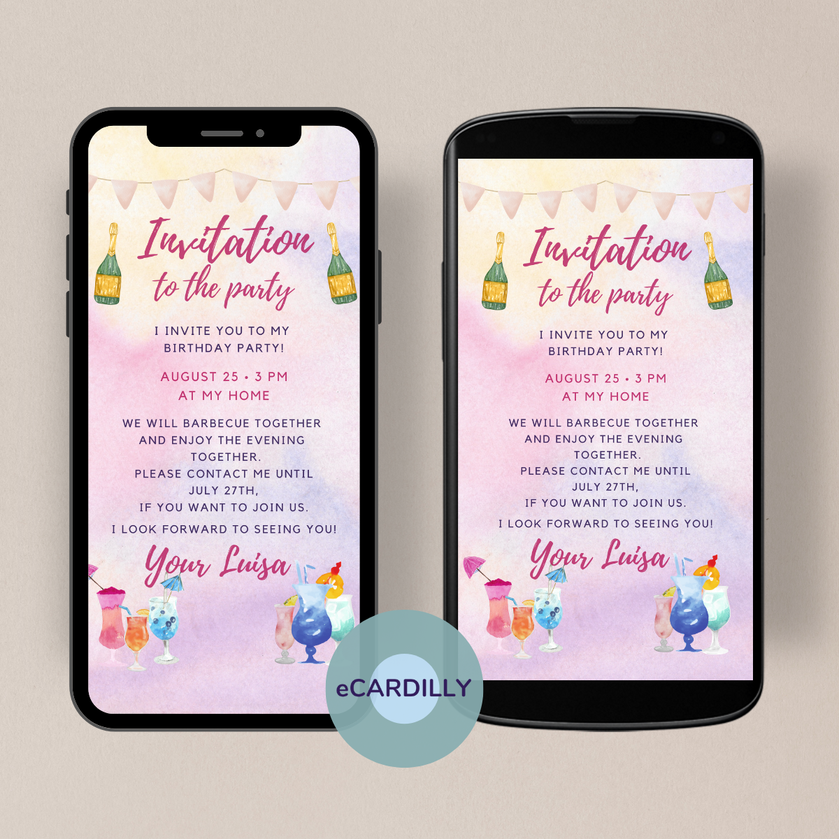 great invitation card for your birthday party - cocktail and champagne - party - eCard - sustainable