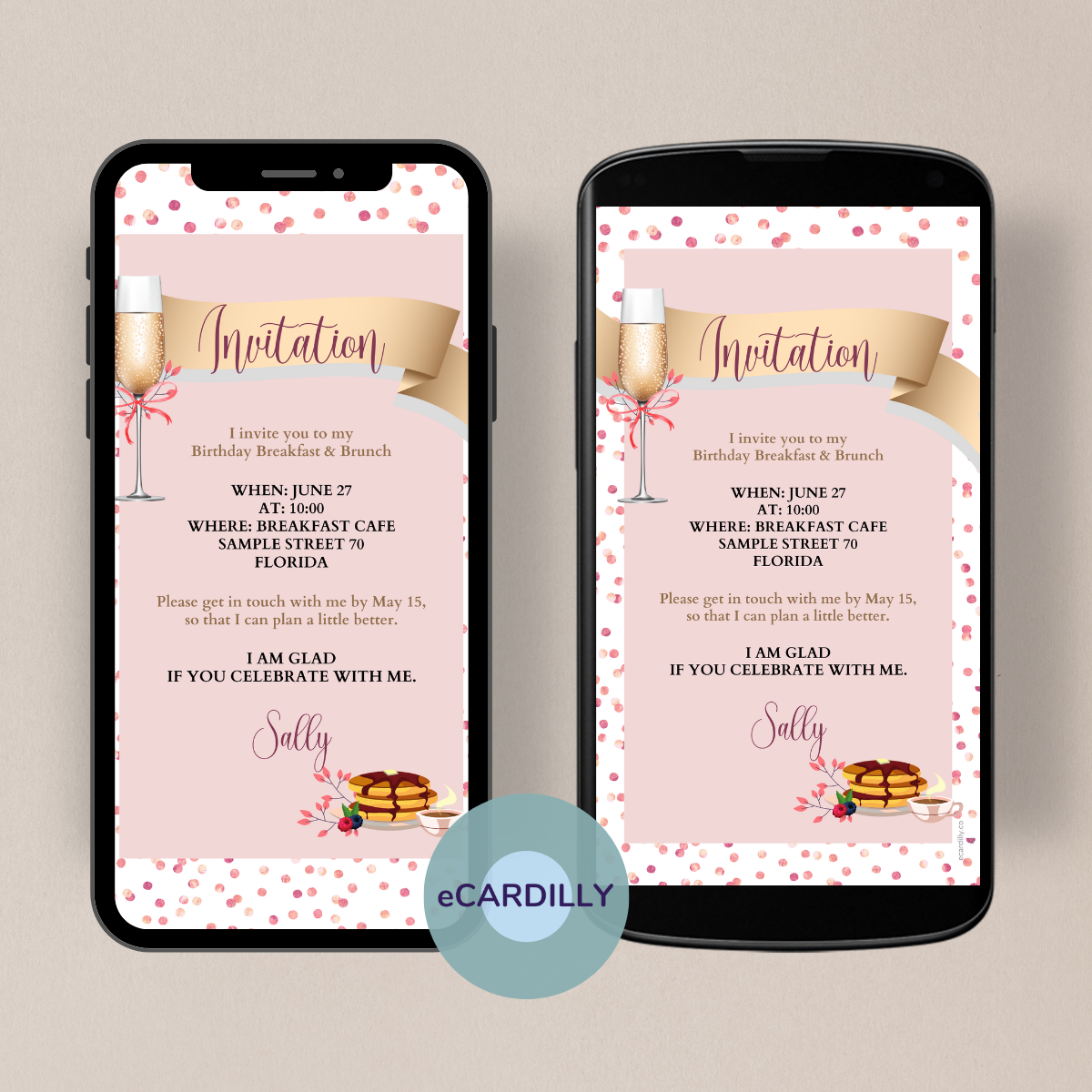 Modern invitation card or greeting card in pink with small confetti dots and pancakes, coffee and a glass of champagne.