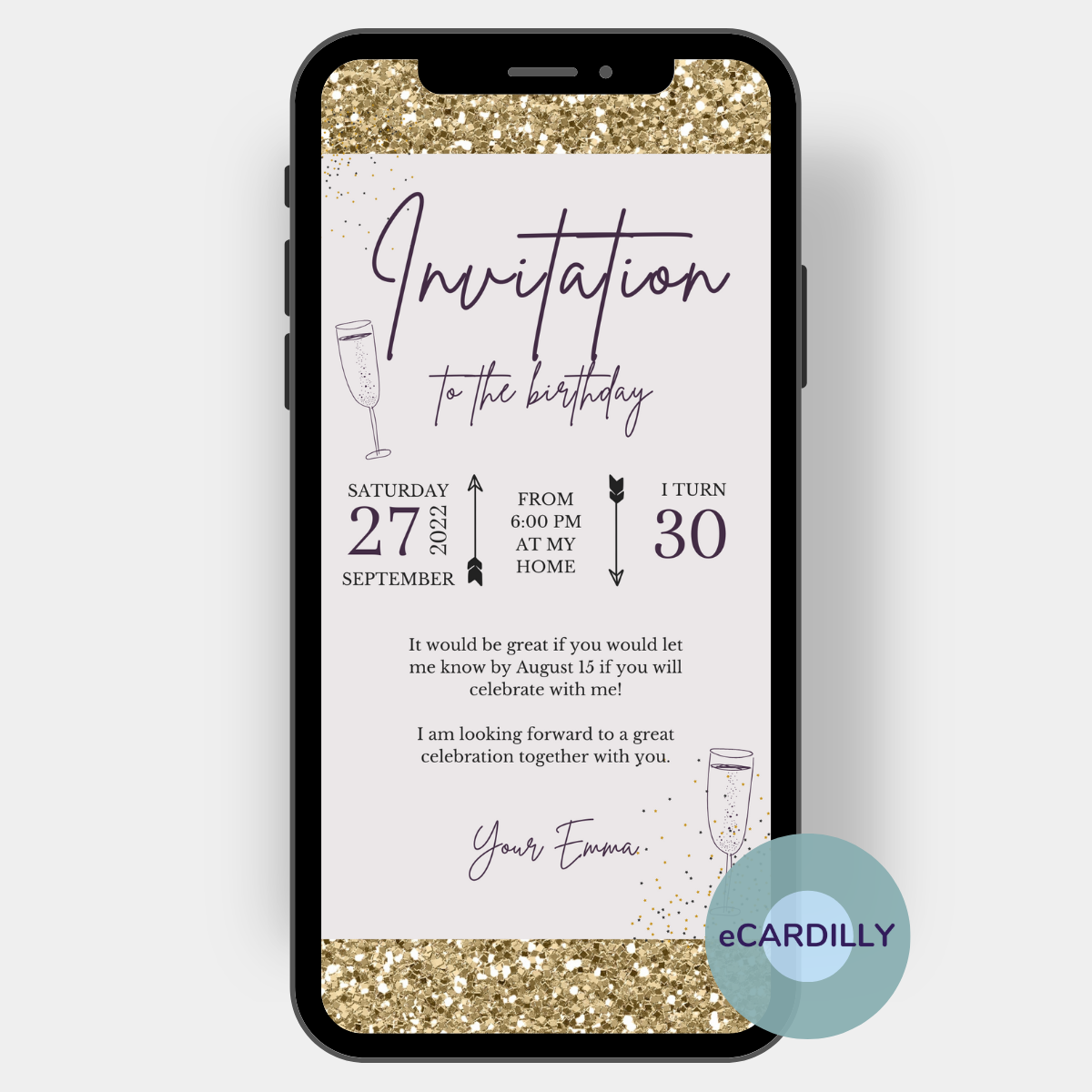 Invitation card in gold and purple to invite with glitter and confetti to the birthday. An eCard you simply send with your smartphone as a digital invitation card.