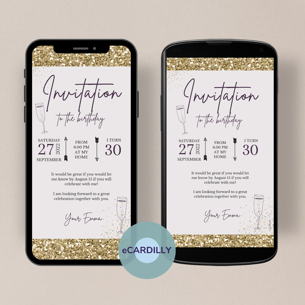 digital birthday invitation card - gold and glitter - quick and easy - send to all friends