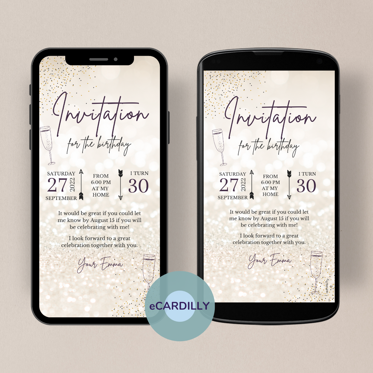 digital birthday invitation card - paperless and quickly created - great eCard with glitter - easy to send