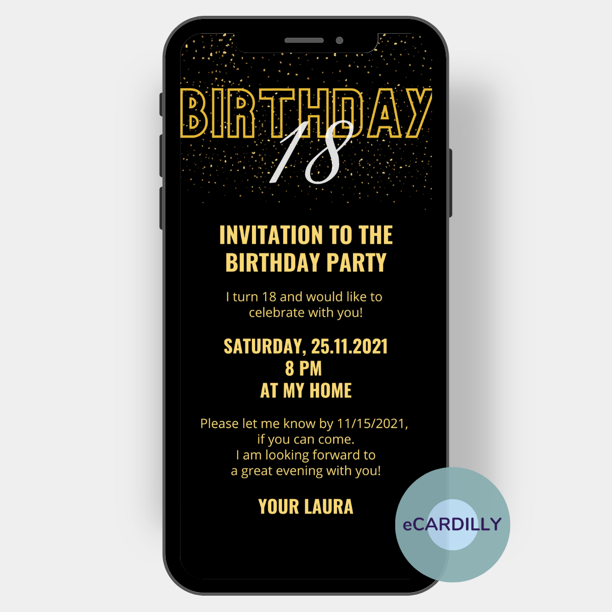 Invitation card with confetti and shine in black gold. So 18th birthday can be celebrated and all guests will be happy about such a beautiful paperless invitation card.