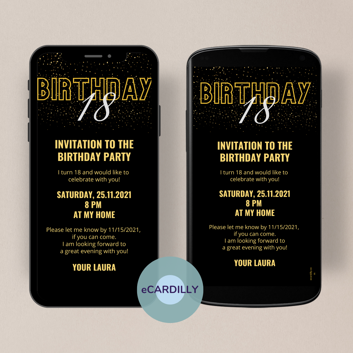 digital birthday invitation card - 18th birthday - black,gold,confetti. Party. Birthday 18.