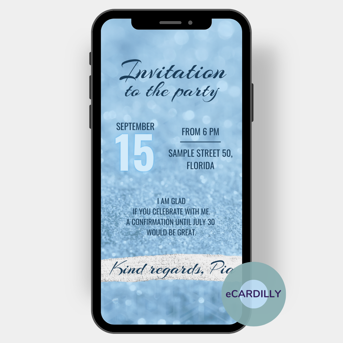 Great invitation card in glitter shine blue with sequins in blue and silver.